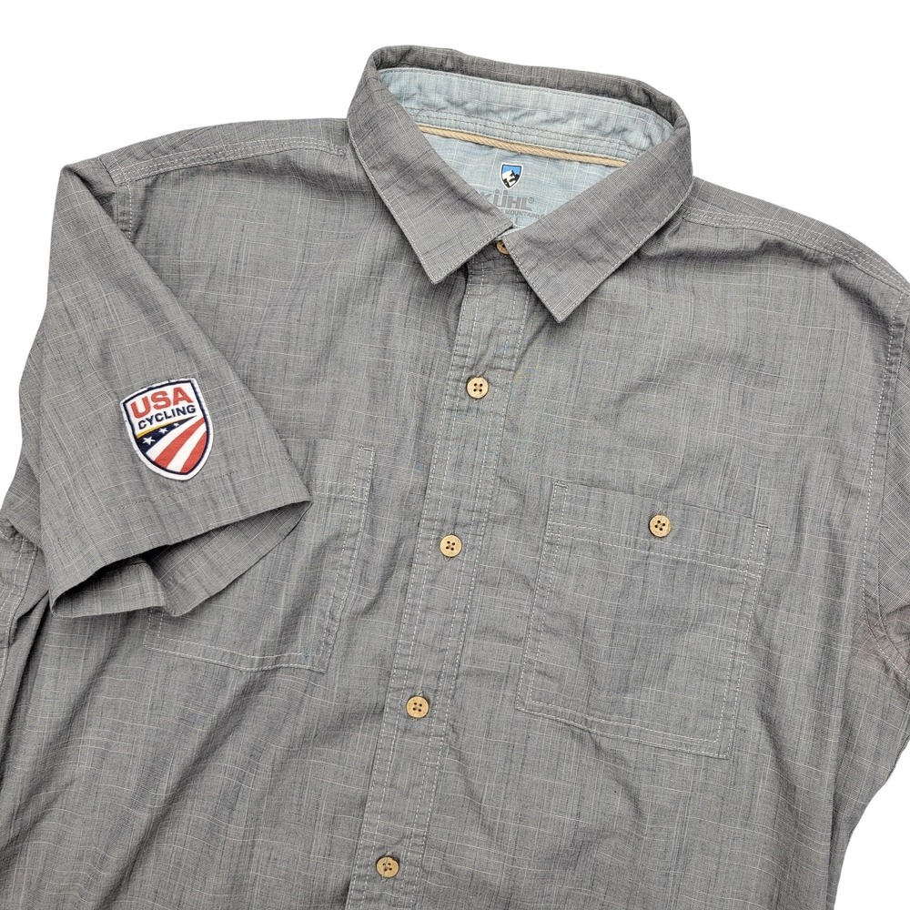 Kuhl Shirt Mens Small Gray Solid Short Sleeve Button Up USA Cycling Casual
